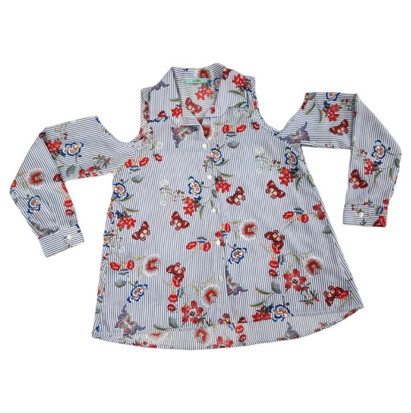 Karlie Tops - Karlie Cut Out Shoulder Striped Floral Butterfly Long Sleeve Size M